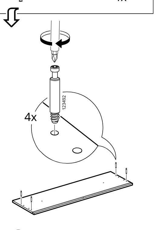 Diagram for step 43: Screw four cam bolts (123492) into the panel holes using a screwdriver.