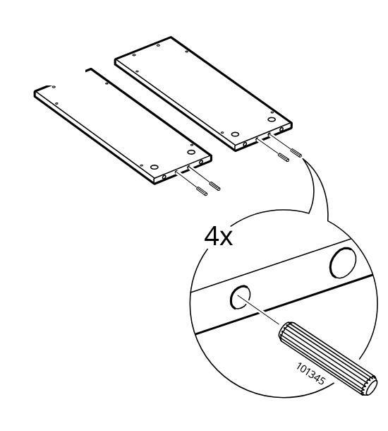 Diagram for step 44: Insert four ribbed dowels (101345) into the edge holes of the board pair.