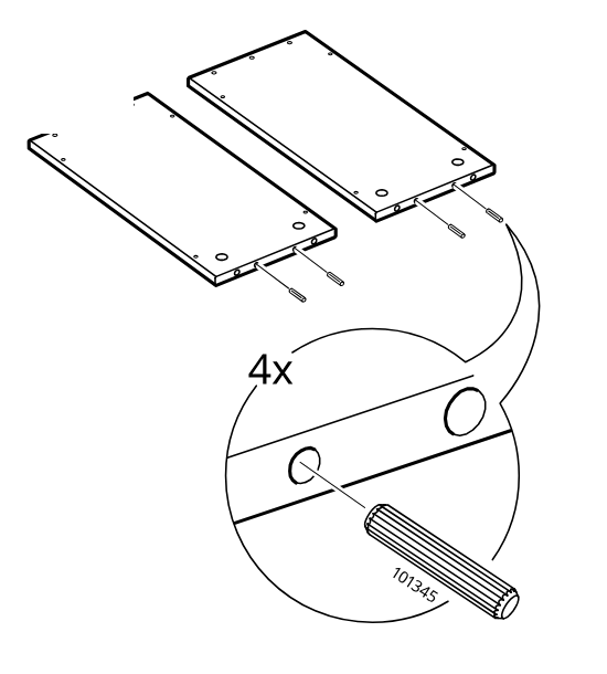 Diagram for step 45: Insert four ribbed dowels (101345) into the edge holes of the board pair.