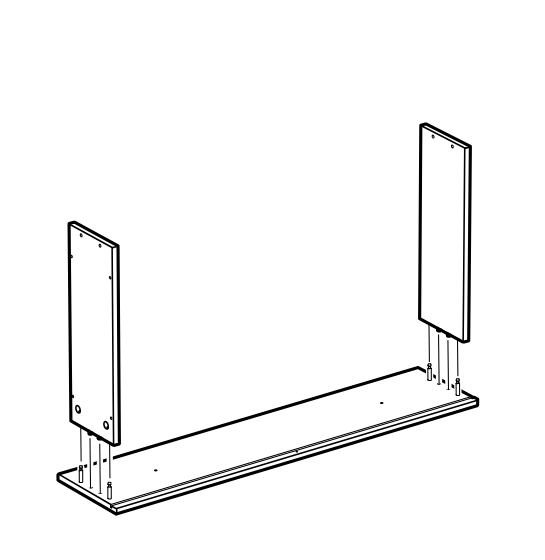 Diagram for step 46: Two side panels are lowered onto the bottom panel with dowels aligned and inserted.