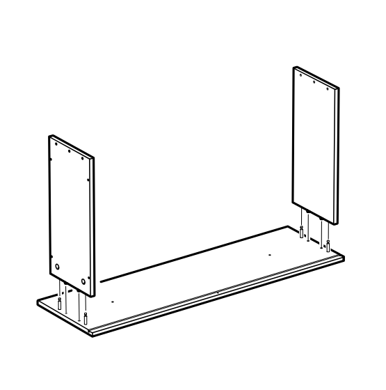 Diagram for step 47: Two side panels are lowered onto the bottom panel with dowels aligned and inserted.