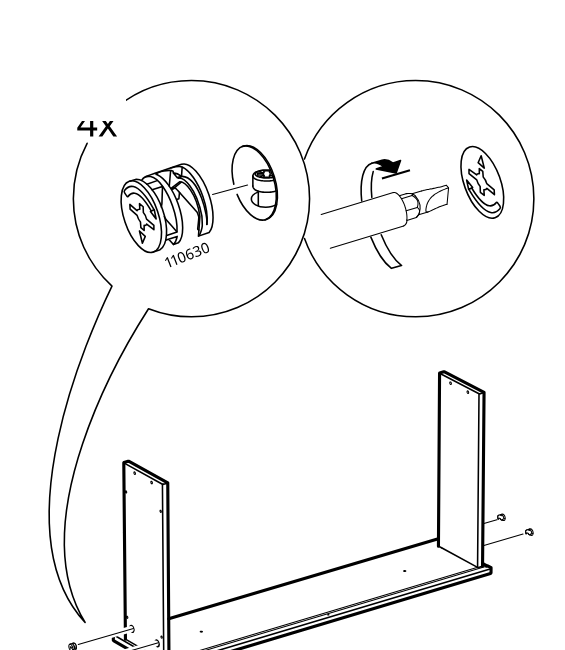 Diagram for step 48: Four cam locks are inserted and turned with a screwdriver to secure the side panels to the bottom panel.