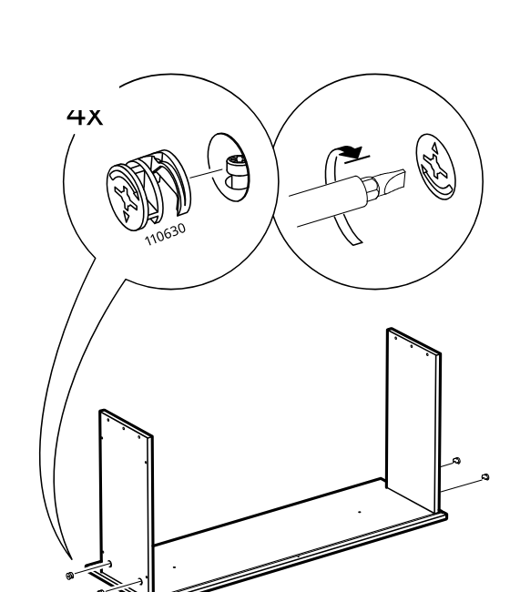 Diagram for step 49: Four cam locks are inserted and turned with a screwdriver to secure the side panels to the bottom panel.