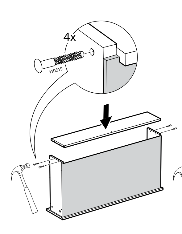 Diagram for step 52: The top board is positioned and fixed with four 110519 nails while tapping in remaining side fasteners with a hammer.