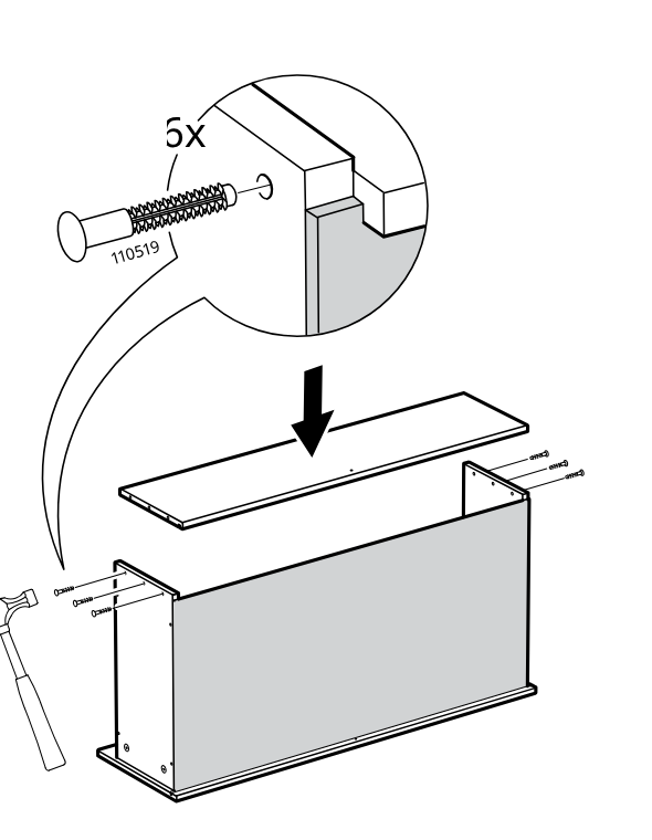 Diagram for step 53: The top board is positioned and fixed with six 110519 nails for the alternate frame configuration while tapping in side fasteners.