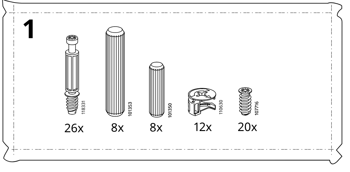 Illustration for assembly note: Parts-bag panel 1 shows required hardware set with item IDs and quantities for bag 1.
