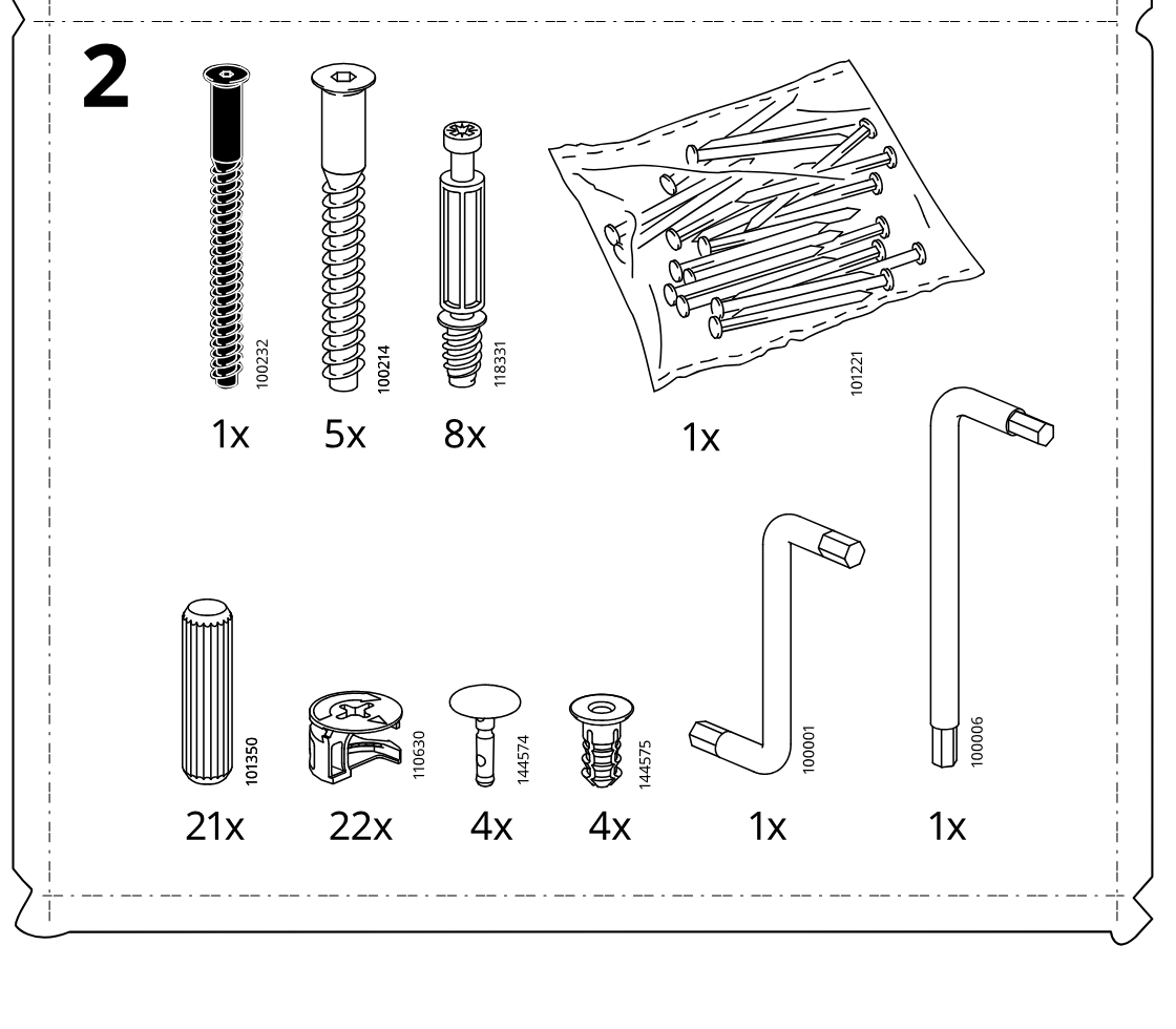 Illustration for assembly note: Parts-bag panel 2 shows required hardware and tools with item IDs and quantities for bag 2.