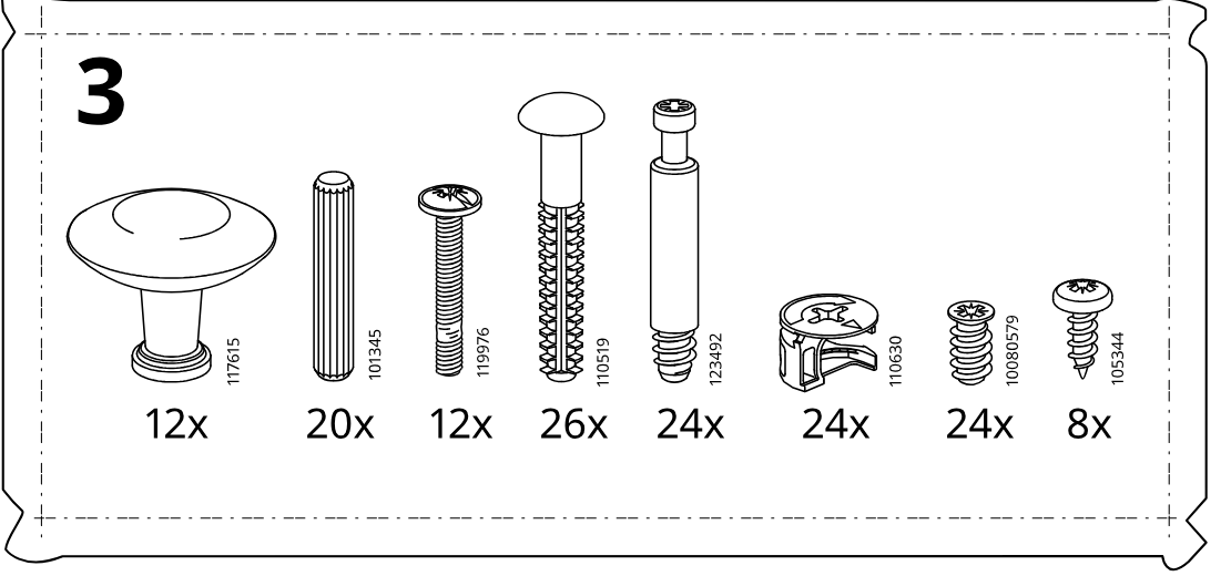 Illustration for assembly note: Parts-bag reference panel labeled 3 showing hardware items with quantities: 117615 (12x), 101345 (20x), 119976 (12x), 110519 (26x), 123492 (24x), 110630 (24x), 1008579 (24x), and 105344 (8x).