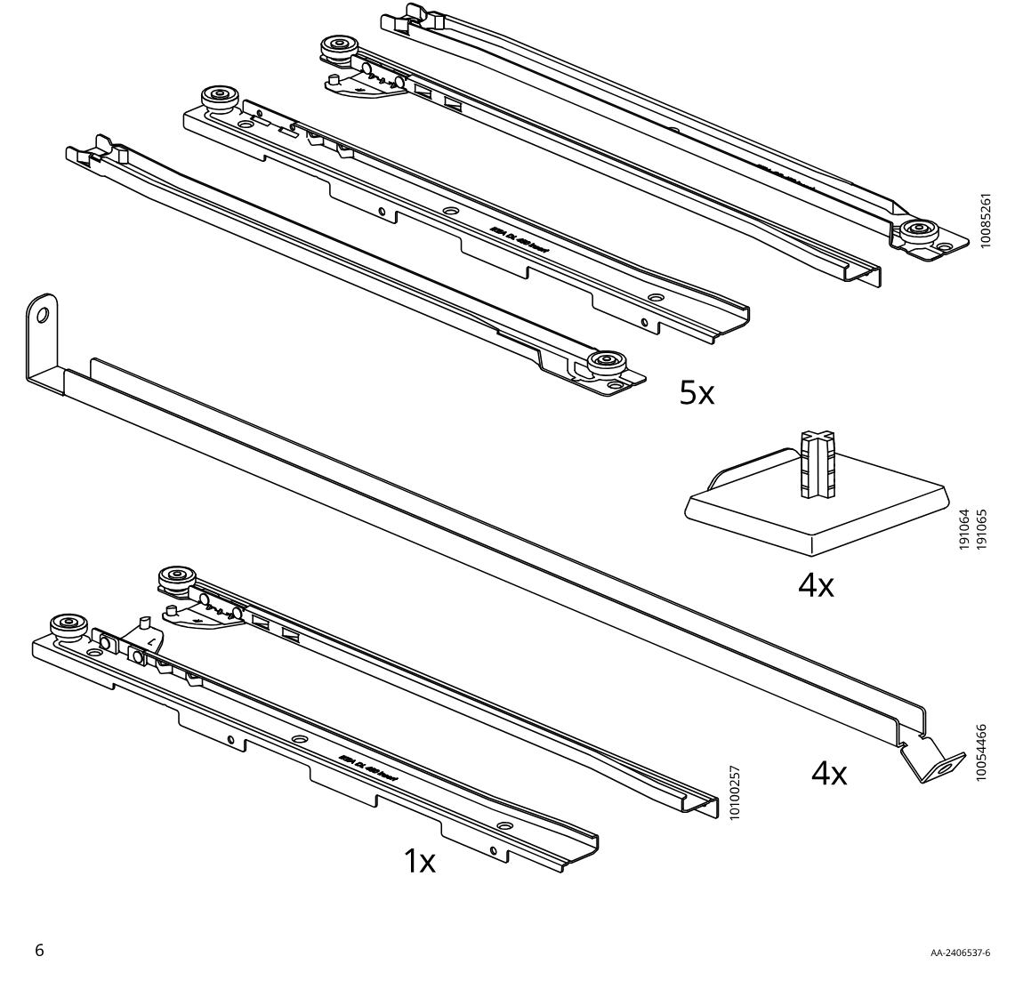 Illustration for assembly note: Standalone parts reference area showing larger components and quantities: 10085261 (5x), 191064/191065 (4x), 10100257 (1x), and 10054446 (4x).