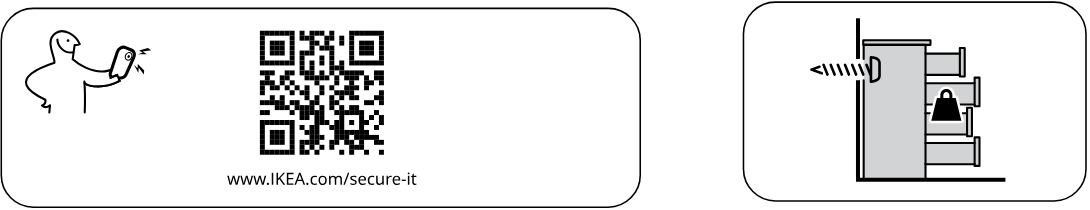 Illustration for assembly note: Top information panel shows secure-it website QR guidance and a wall anchoring reminder icon.