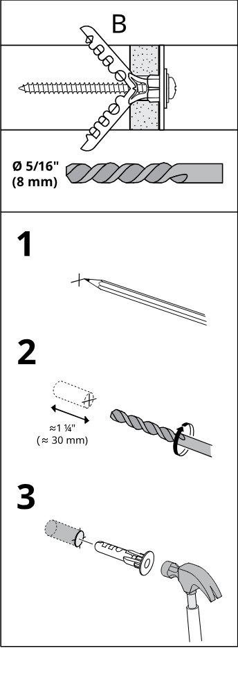 Illustration for assembly note: Panel B shows instructions for hollow wall type B: use Ø 5/16 in (8 mm) drill bit, mark depth, drill about 30 mm, and insert plug with a hammer.