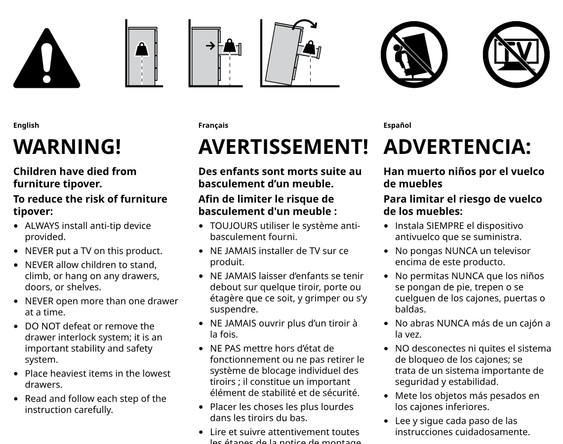 Illustration for assembly note: Full-width anti-tip safety warning panel with hazard and prohibition icons plus English, French, and Spanish instructions to secure furniture and prevent tip-over injuries.