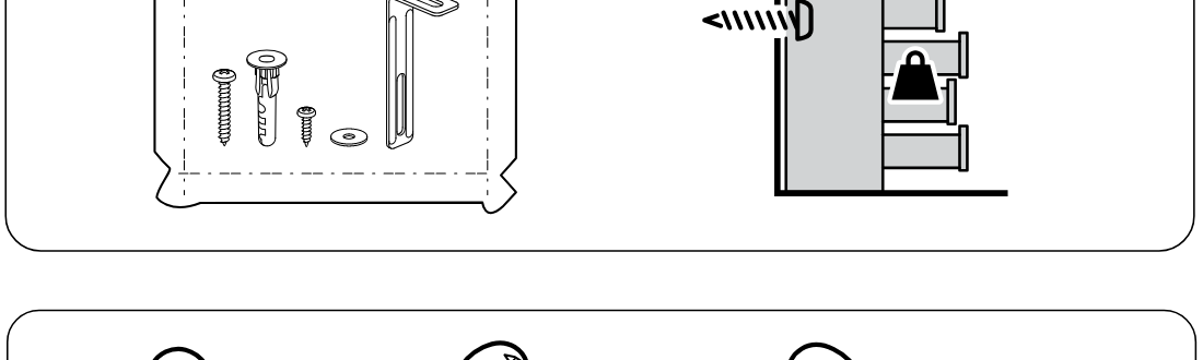 Illustration for assembly note: Hardware bag and wall-securing reminder panel indicating anti-tip fastening hardware and securing the unit to the wall.