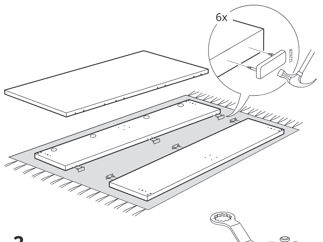 Diagram for step 1: Place the two side panels on a soft surface and align the top panel above them, then clip six 122628 edge pieces onto the panel edge using the hammer as shown in the zoom callout.