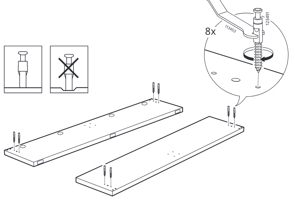 Diagram for step 2: Insert and tighten eight 123491 cam screws into the predrilled holes of the two long panels with tool 113453, following the correct insertion depth shown in the inline do/don’t boxes.