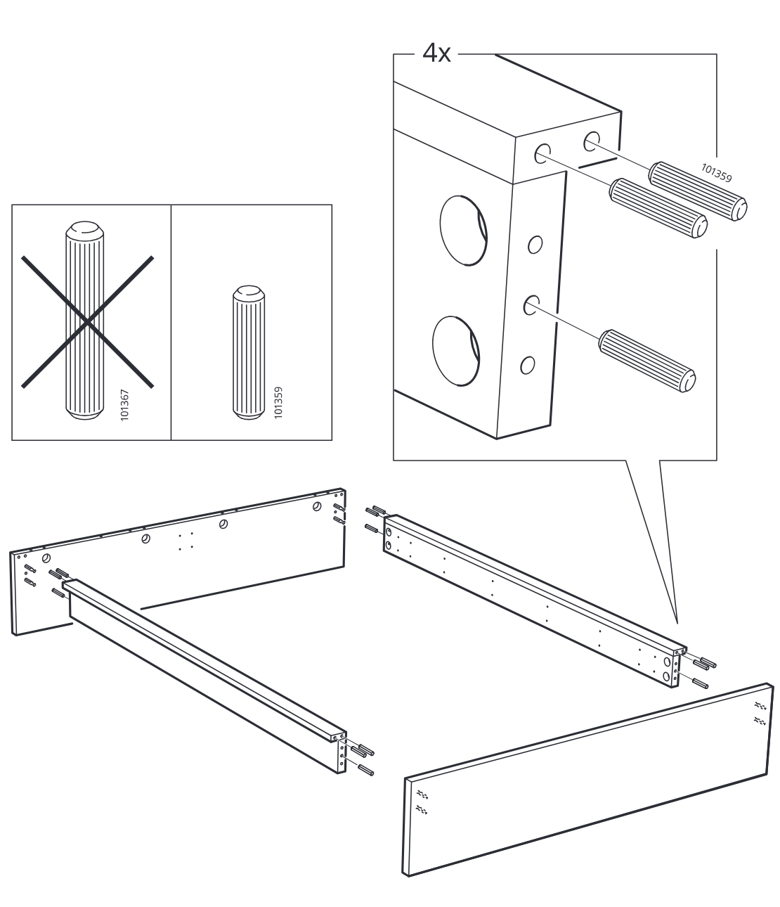 Diagram for step 3: Insert four 101359 dowels into the side rail ends and align the rails between the two end panels, noting that 101367 is not used.