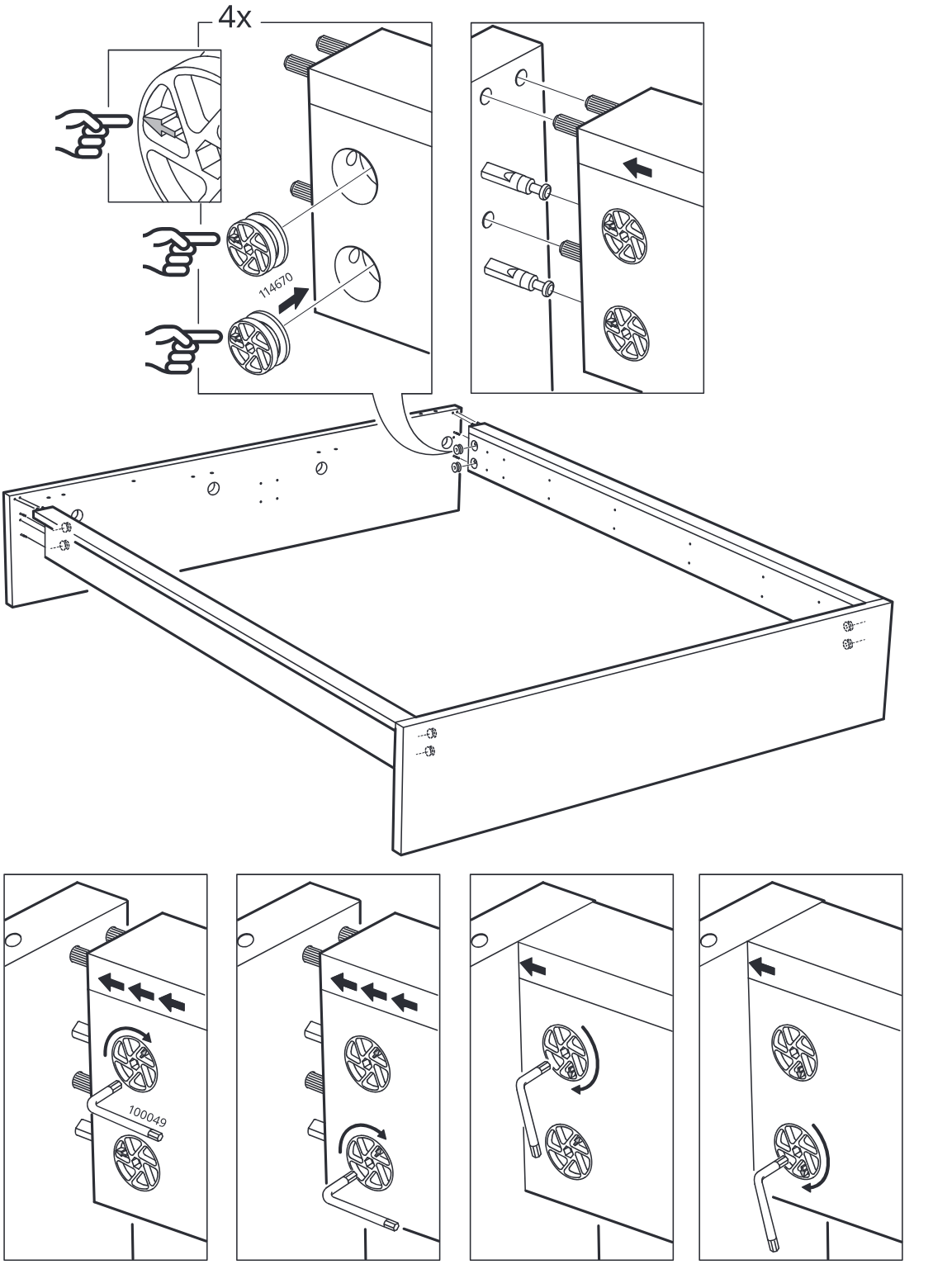 Diagram for step 4: The side panel is pushed onto the dowels and cam fittings, then the cams are tightened with the Allen key as shown in the four close-up sequence panels.