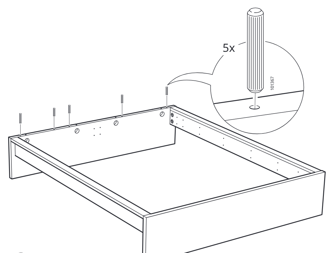 Diagram for step 5: Insert five ribbed dowels into the top holes along the side frame, as indicated by the zoom detail of part 101367.