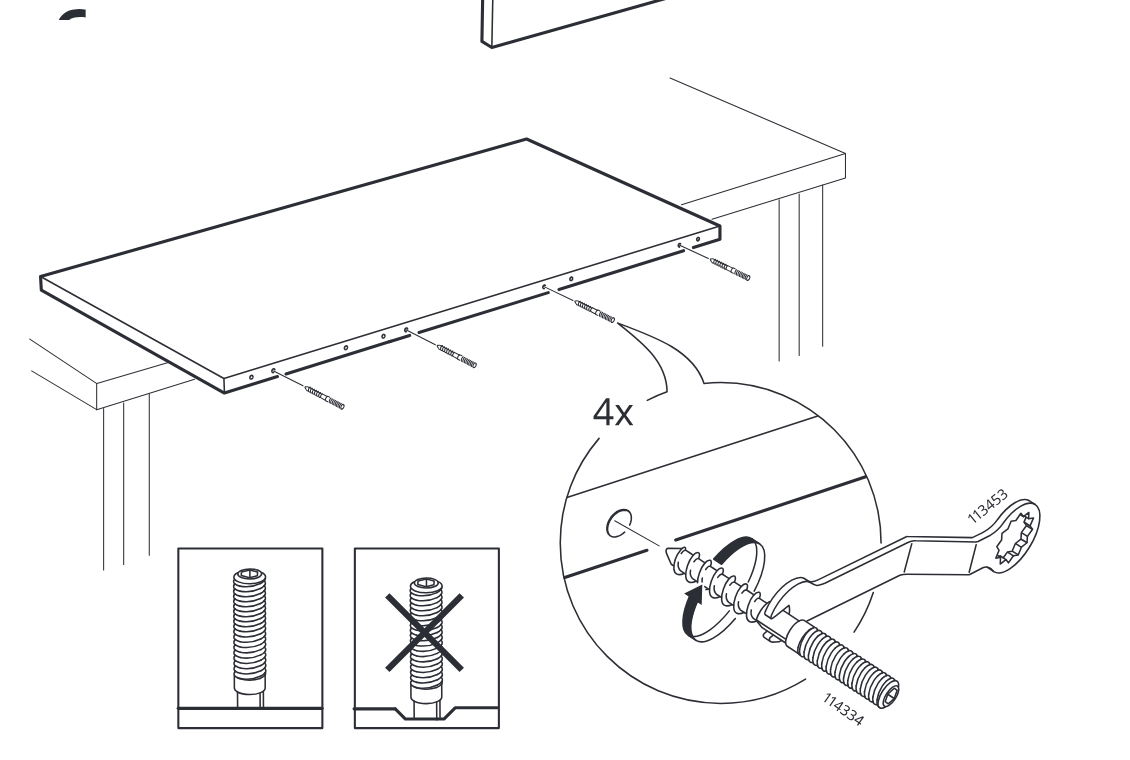 Diagram for step 6: Position the panel onto the table edge and screw in four connector bolts while rotating with the tool, following the correct insertion depth shown in the two comparison boxes.