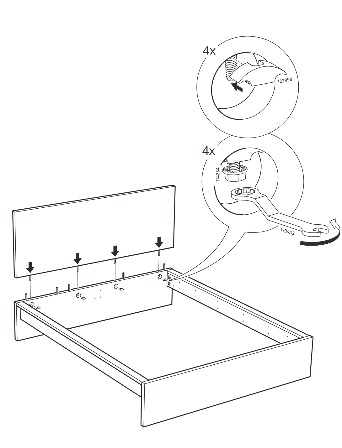 Diagram for step 7: The headboard panel is lowered onto four cam bolts on the bed frame, then the four cam locks are tightened with the included wrench as shown in the zoom callouts.