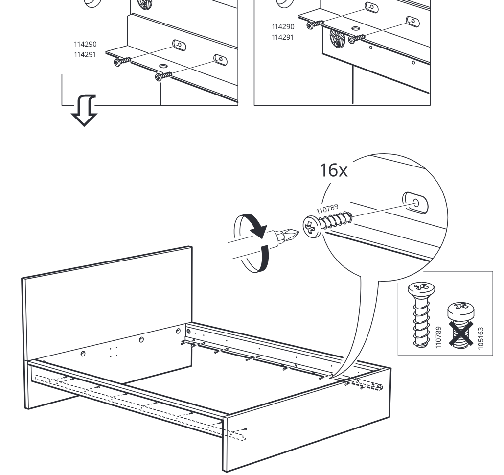 Diagram for step 8: Screw part 110789 into the side rail inserts along the frame using a screwdriver (16 total), as shown by the zoom callout and screw-type comparison box.