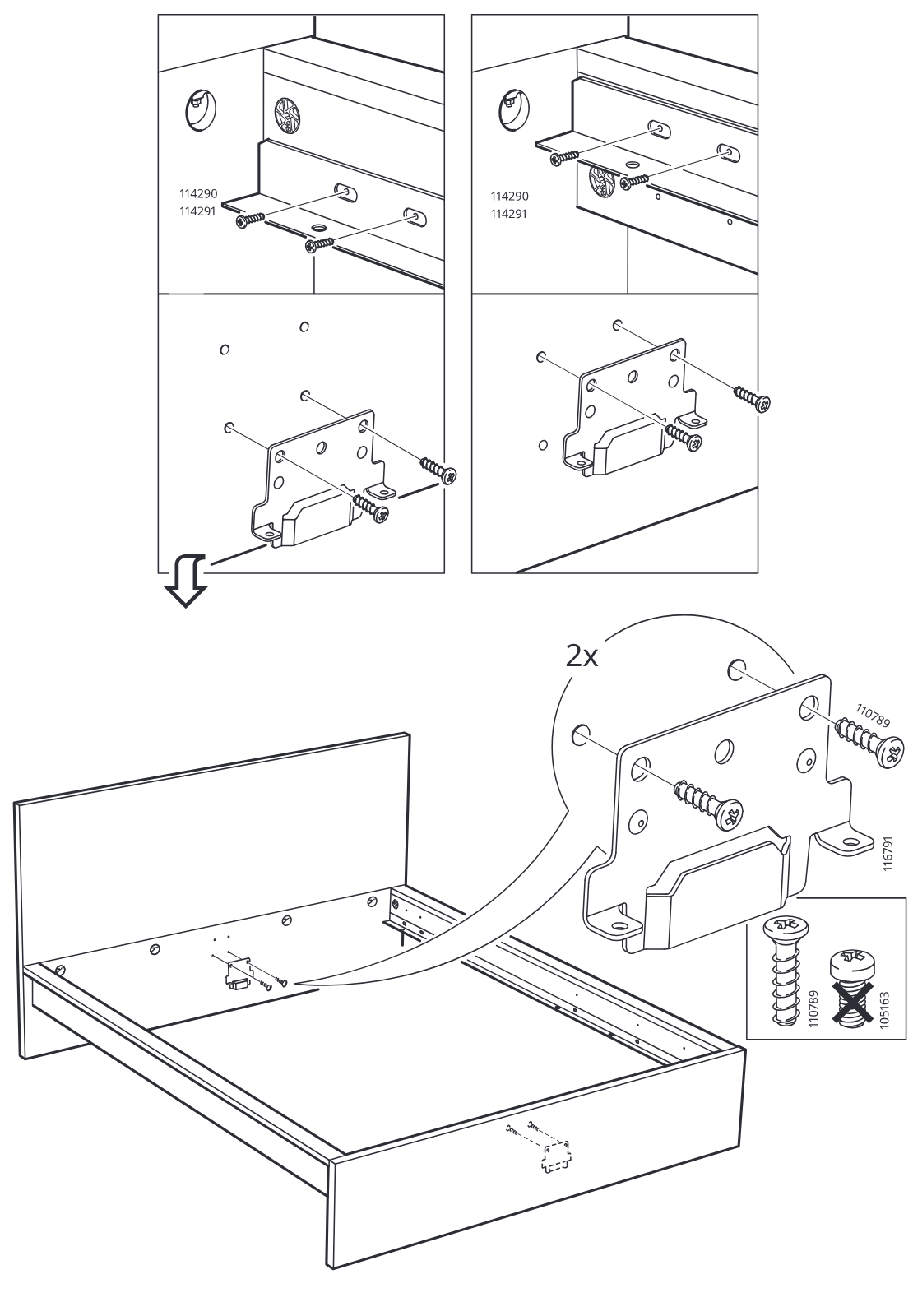 Diagram for step 9: Attach the 116791 metal bracket to the inside panel using two 110789 screws in each position shown, ensuring the screw type is correct and repeating the fastening in both marked locations.