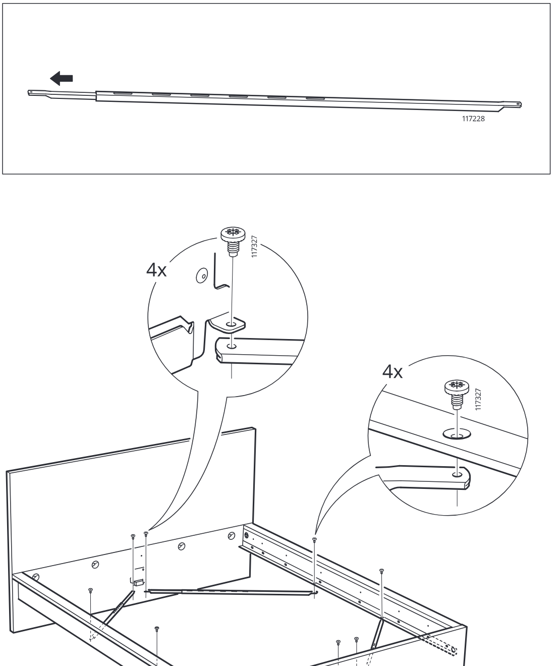Diagram for step 10: Attach and secure the long rail and inner supports to the bed frame using four screws 117327, as shown in the two zoomed callouts.