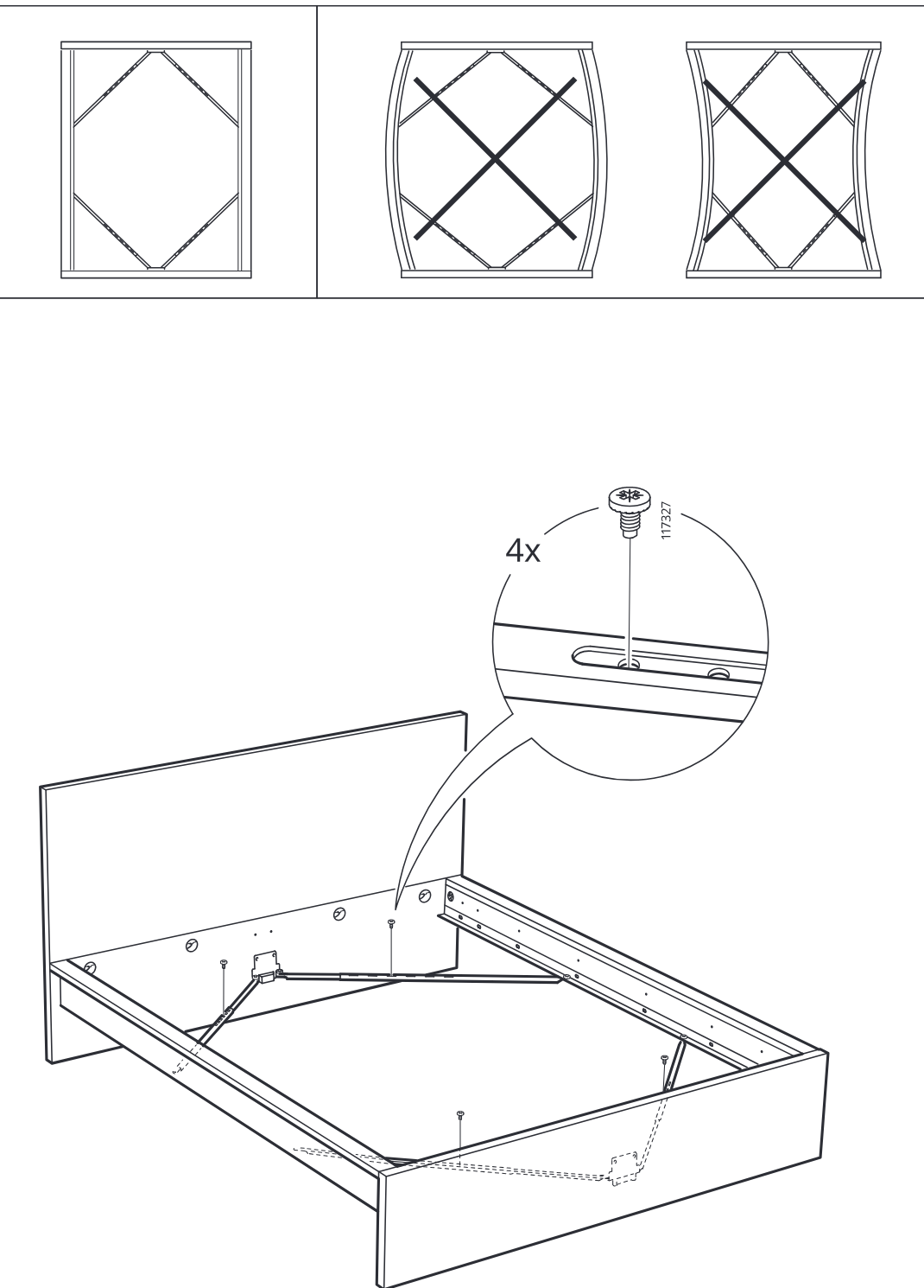 Diagram for step 11: The frame is squared and the cross-bracing is fixed with four screws (117327), as indicated by the zoomed screw detail.