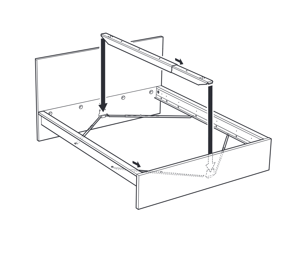 Diagram for step 12: The extended rail is positioned onto the bed frame and lowered into place while alignment arrows indicate where it slides and seats.