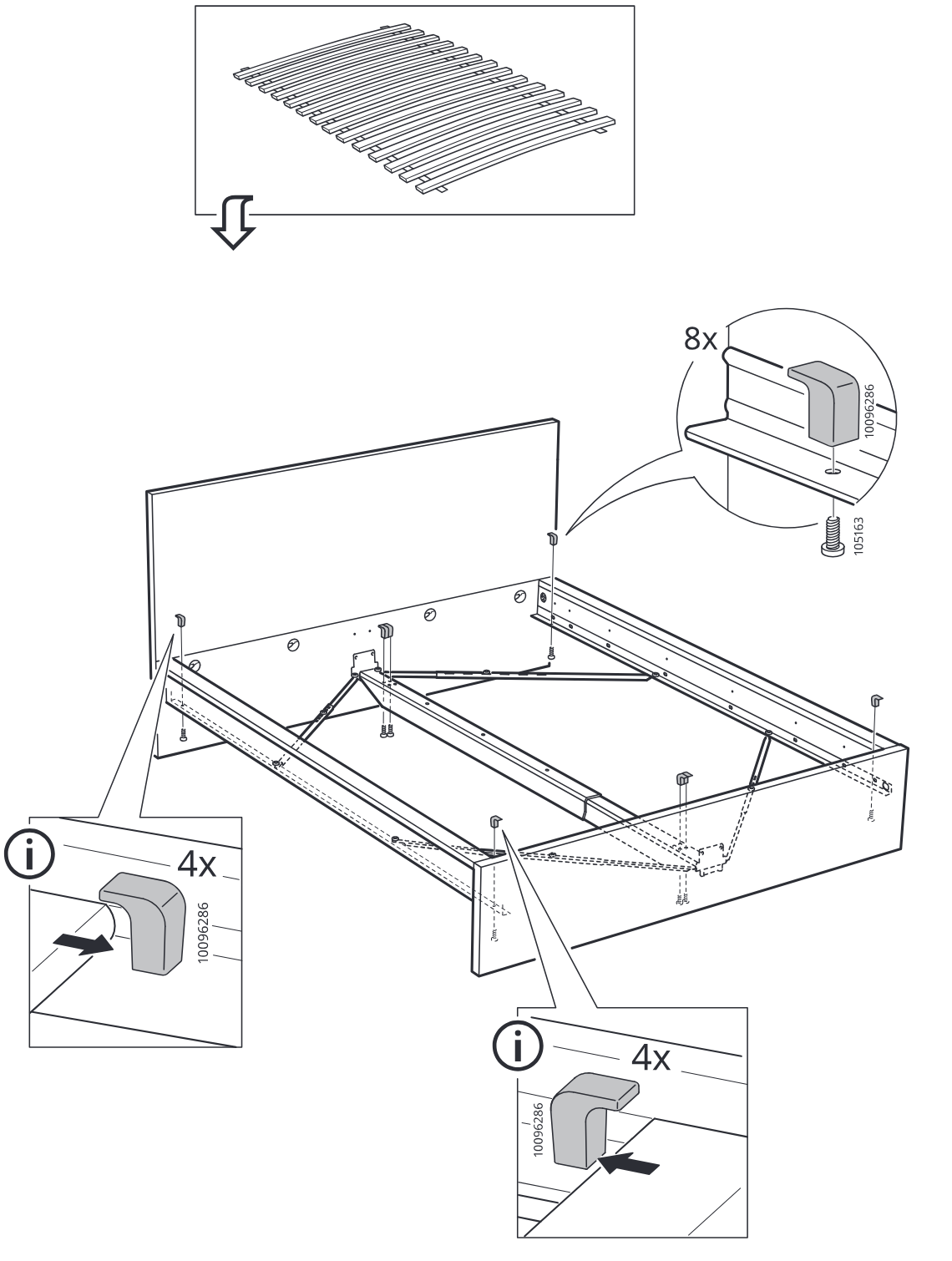 Diagram for step 13: The frame is assembled with side and front panels while eight clips (10096286) are fastened with screws (1005163), and four clips are then pressed into place on each side as shown in the two info callouts.