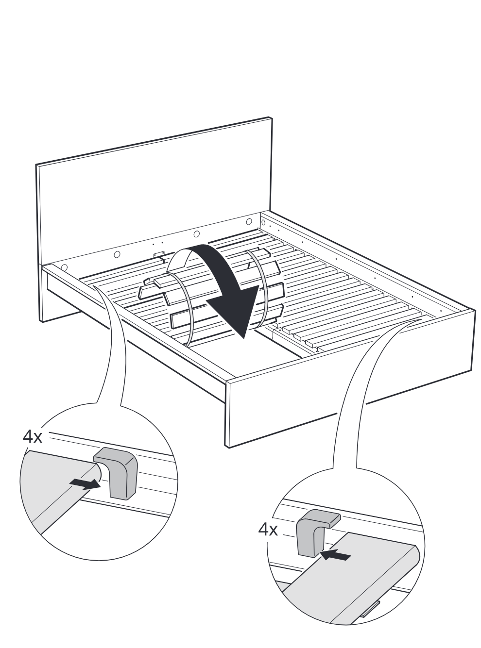Diagram for step 14: The slatted base section is rotated and positioned into the bed frame, and four corner clips are pushed into place as shown in the two zoom callouts.
