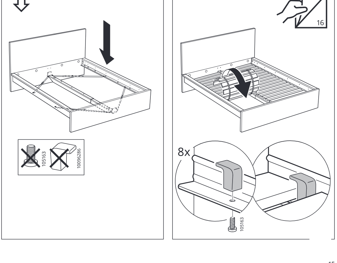 Diagram for step 15: The slatted base is lowered into the bed frame and secured with eight 105163 clips, with close-up circles showing the correct clip placement.