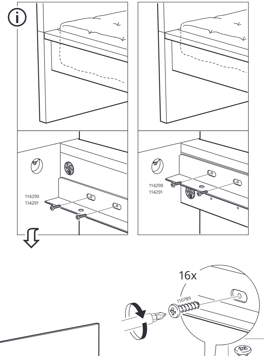 Illustration for assembly note: Circled information panel for step 8 shows two bed-side configurations and where to position/attach side rail hardware using parts 114290/114291.