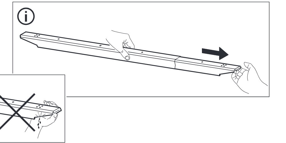 Illustration for assembly note: Information panel shows extending the rail segment in the correct direction by hand.