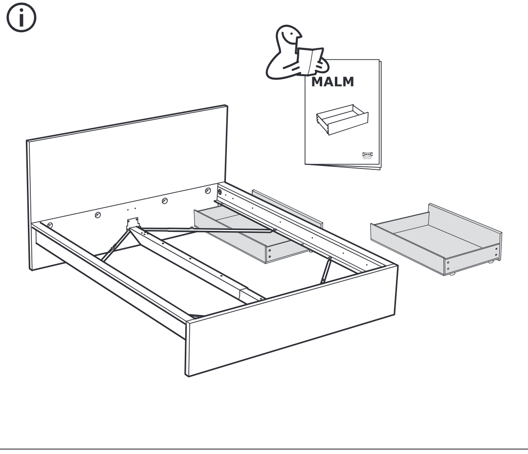 Illustration for assembly note: Information panel indicates to follow the separate MALM drawer manual while showing the bed frame with drawer components.