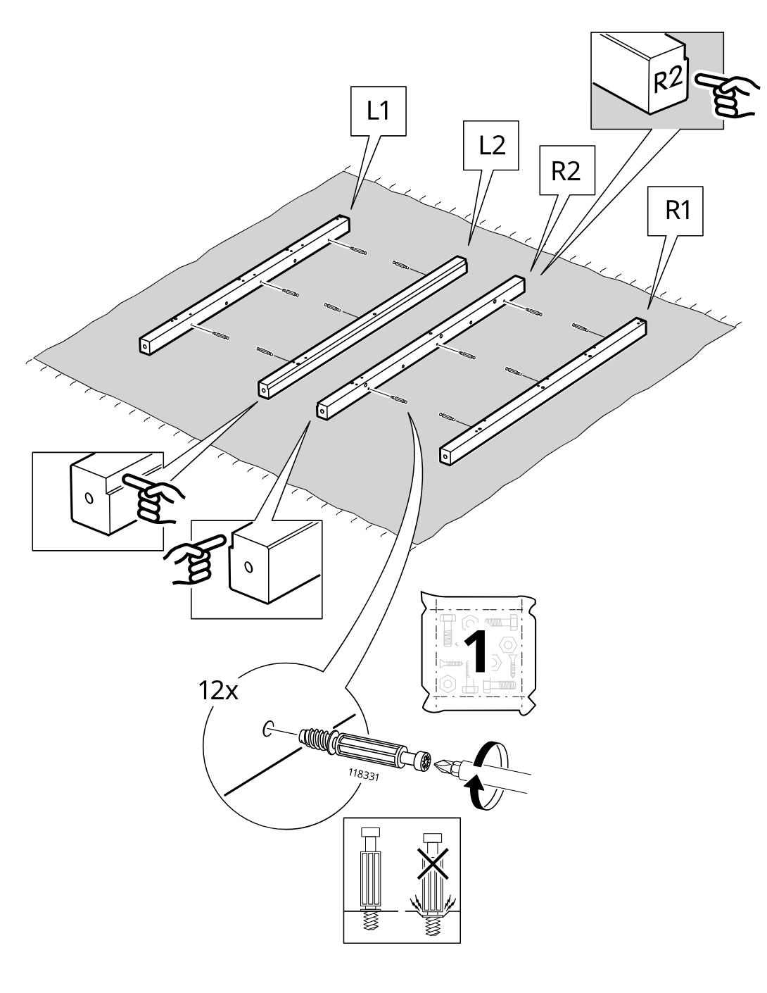 Diagram for step 1: The user lays out rails L1, L2, R2, and R1, inserts 12 cam bolts (118331) into the marked holes with a screwdriver, and follows the insets showing the correct insertion orientation and depth.
