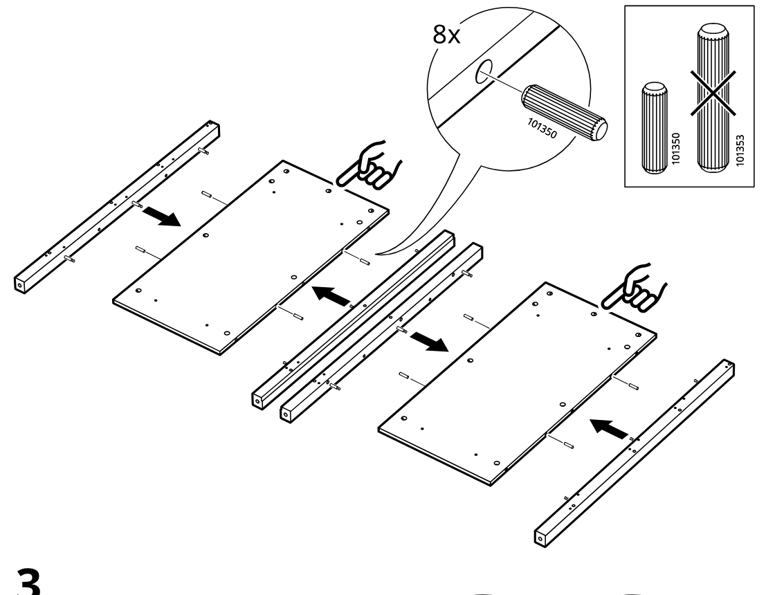 Diagram for step 2: The side rails are aligned to the large panels and eight 101350 dowels are inserted in the indicated edge holes, with a comparison callout showing the correct dowel type.