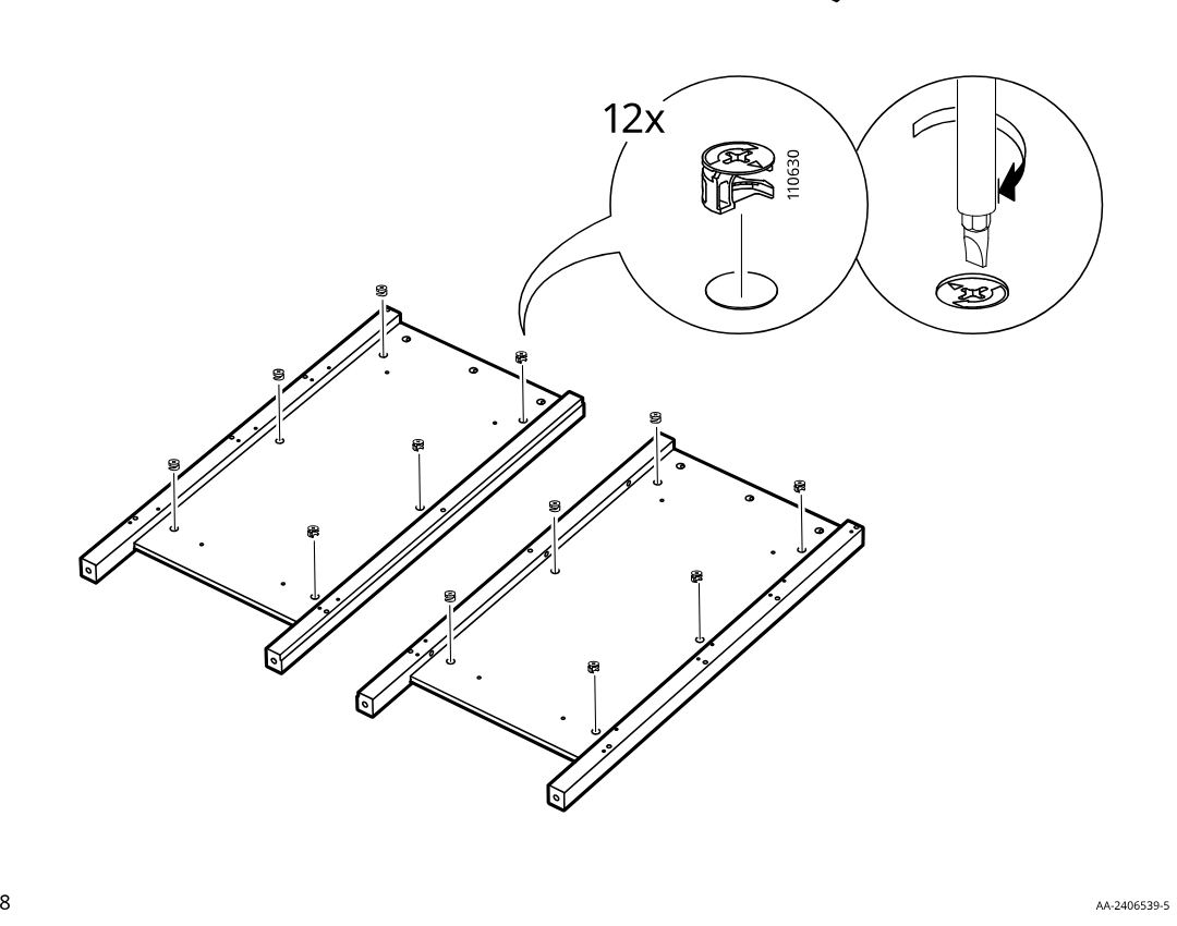 Diagram for step 3: Twelve 110630 cam locks are placed into the round holes on both panel assemblies and then turned with a screwdriver as shown in the zoom callout.