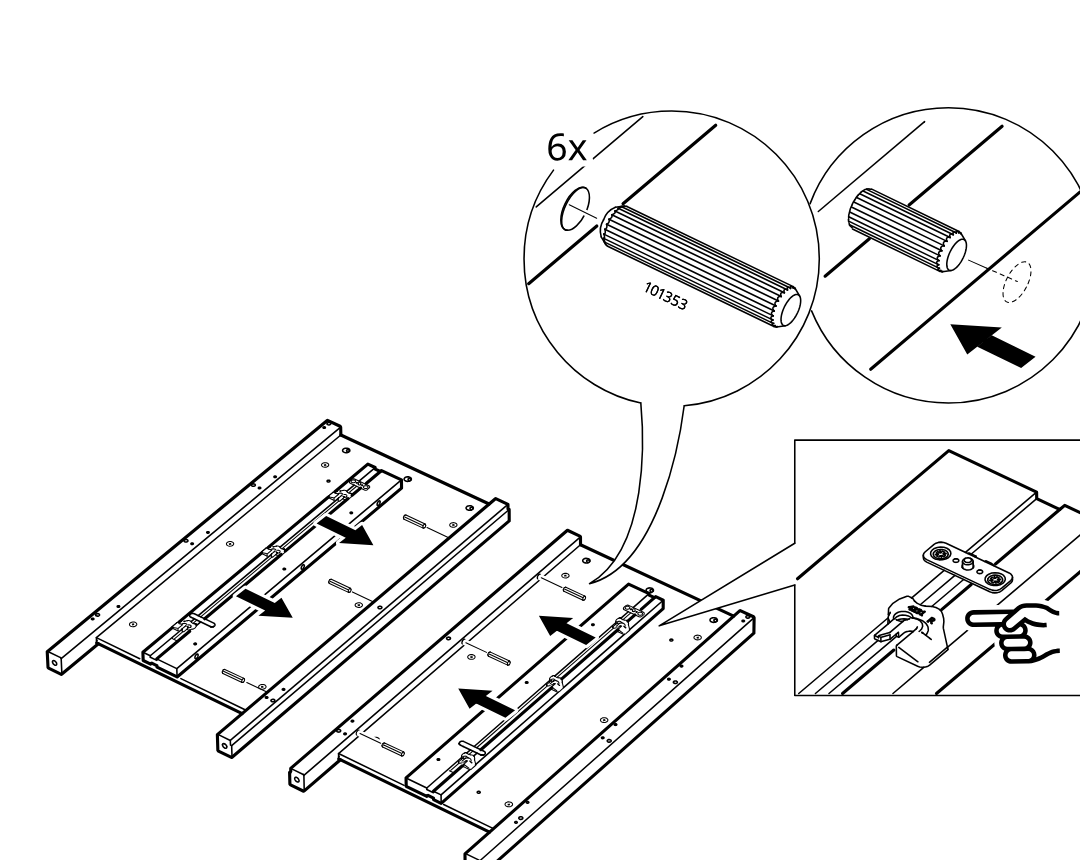 Diagram for step 4: Insert six 101353 dowels into the indicated holes, then slide and position the inner rail assemblies on both mirrored panels as shown, with the inset indicating rail orientation/engagement.