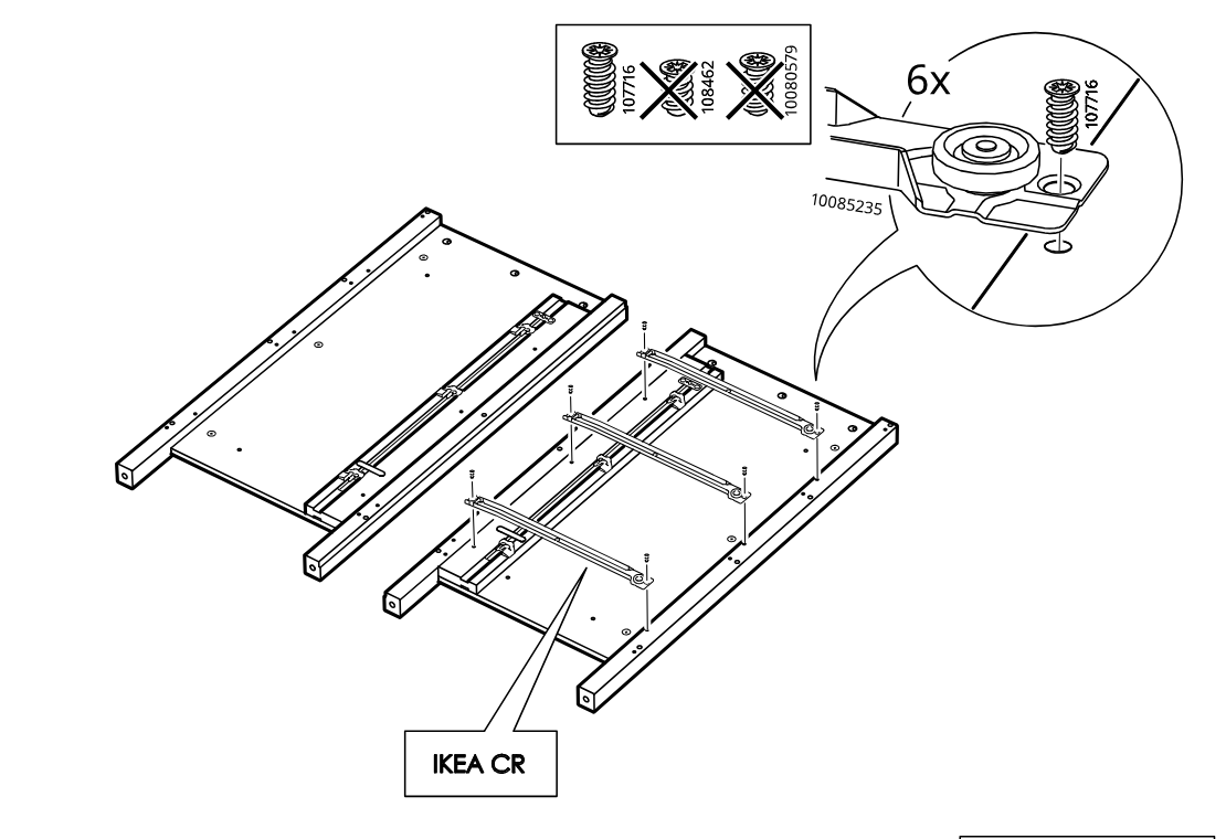 Diagram for step 5: The user positions the IKEA CR panel and fastens six 107716 screws into the rail wheel-bracket points, as indicated by the zoom detail and screw-type warning box.