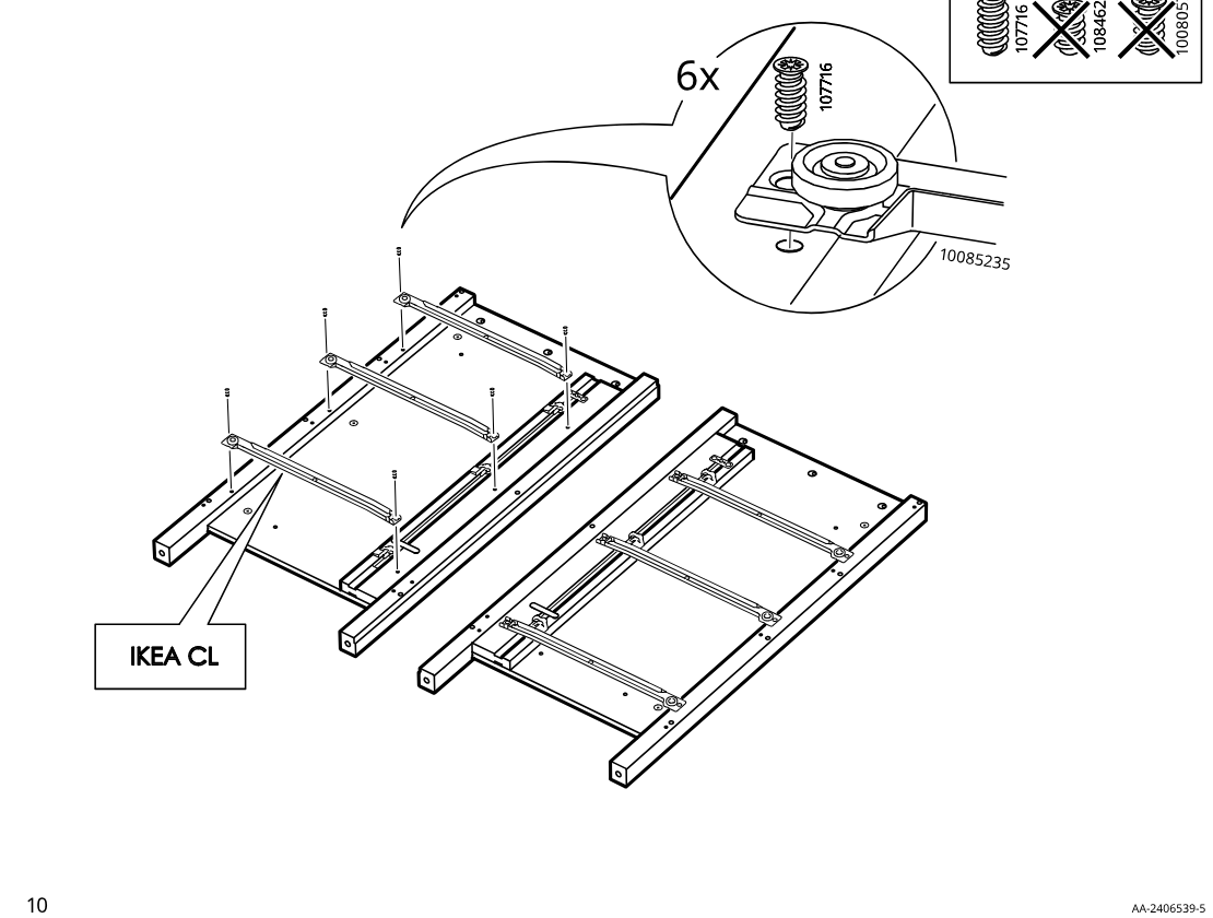 Diagram for step 6: The user positions the IKEA CL panel and fastens six 107716 screws into the rail wheel-bracket points, following the mirrored layout shown with the zoom detail and screw-type warning box.