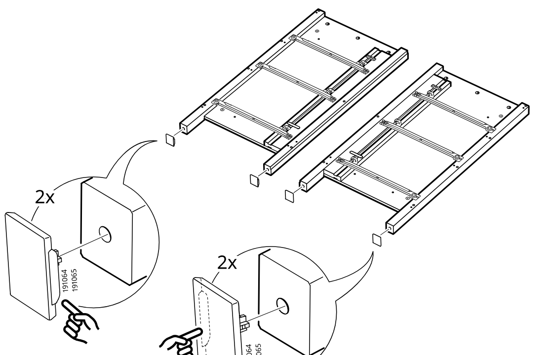 Diagram for step 7: Push two cover pieces onto each side assembly end, using one orientation on one side and the mirrored orientation on the other side.