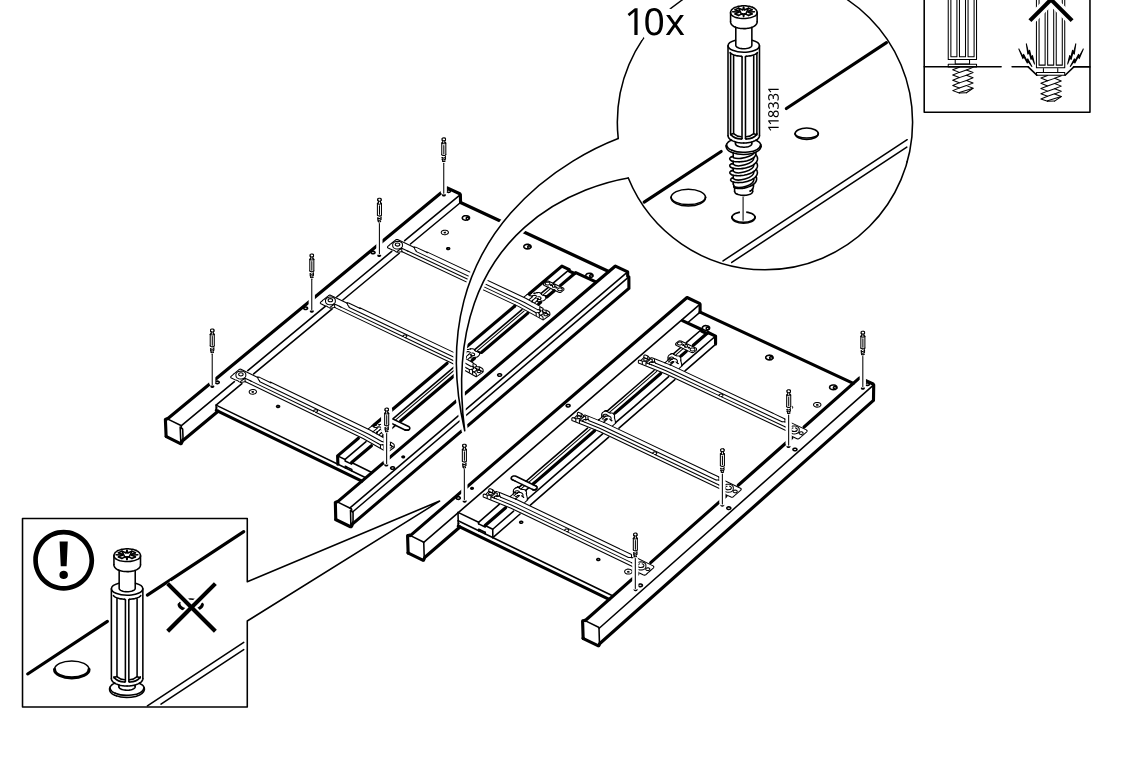 Diagram for step 8: Insert ten threaded fittings (118331) into the predrilled holes on both side assemblies and ensure they are seated correctly without damage, as shown in the warning callouts.