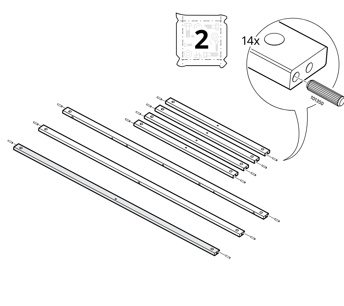 Diagram for step 9: Insert fourteen 101350 dowels from hardware bag 2 into the predrilled holes at the ends of the long rails, as shown in the zoom callout.