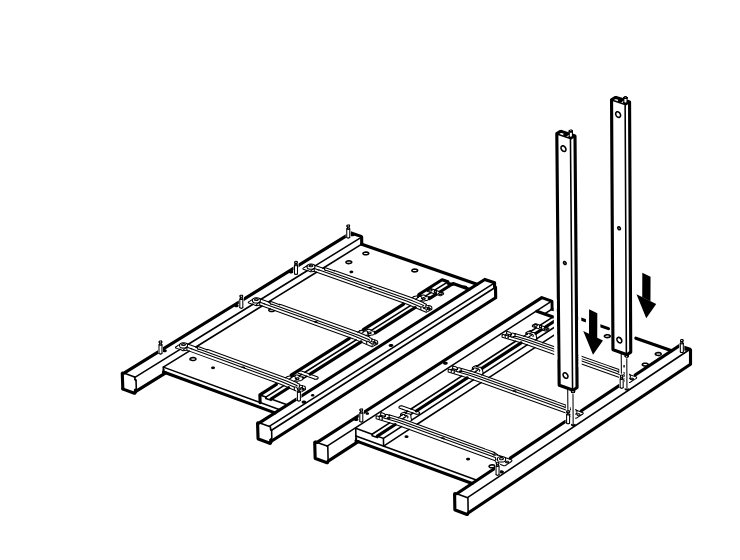 Diagram for step 10: Two vertical posts are inserted downward into the right base section while the frame lies upside down.