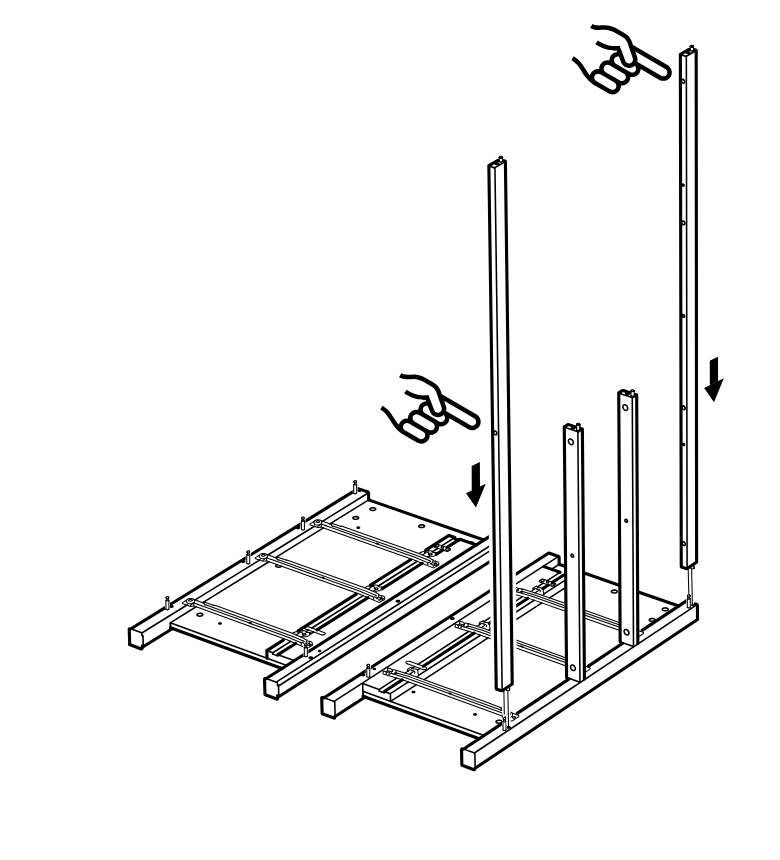 Diagram for step 11: Four vertical posts are positioned and pressed downward into the base, with hand icons indicating the orientation points.