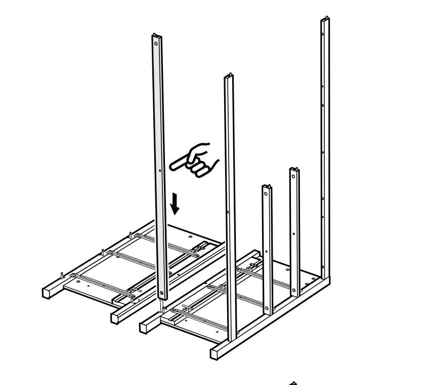 Diagram for step 12: The side and inner vertical posts are positioned upright onto the base frame, with a hand icon indicating placement direction.
