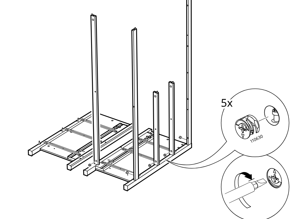 Diagram for step 13: Five cam locks (110630) are inserted and tightened along the frame, with zoom callouts showing lock orientation and screwdriver turning direction.