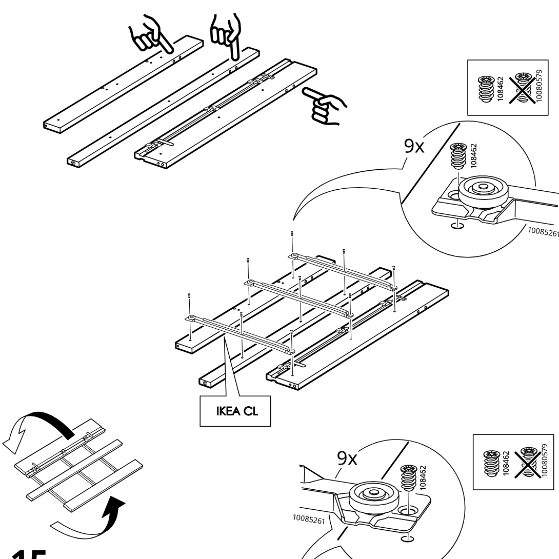 Diagram for step 14: The rails are positioned on the frame, nine screws are installed into each rail bracket location, and the assembly orientation is shown for turning before the next step.
