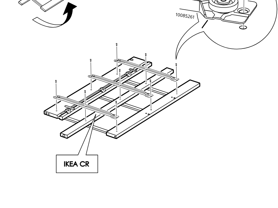 Diagram for step 15: After rotating the assembly, the opposite side rail set is aligned and fixed with nine screws into the corresponding bracket points.